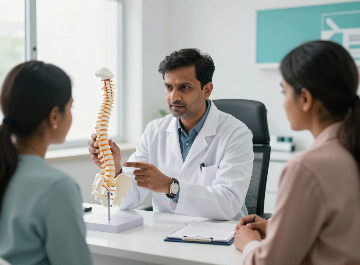 Dr. Vinu Raj consulting a patient with a spine model